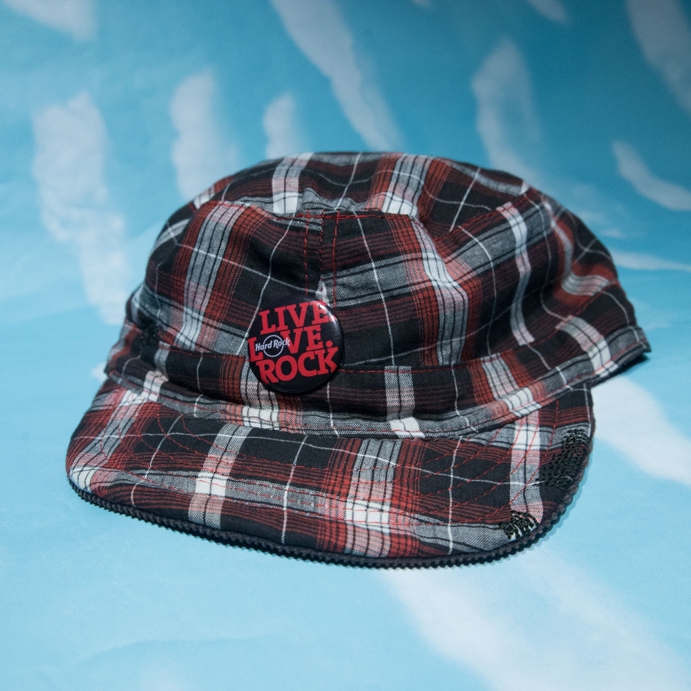 ⭐️2/$10 Vintage Hard Rock Reversible Women's Plaid/Corduroy Hat Hard Rock Pin